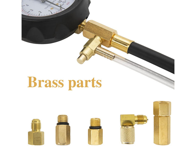 Brass pressure gauge and connectors on a white background with 'Brass parts' text.