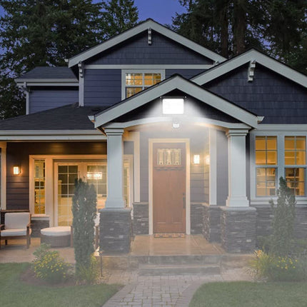 House exterior with a security light on during evening.