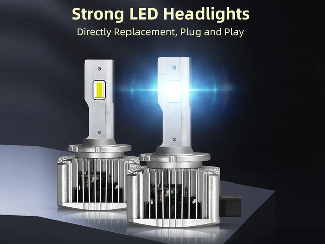 Two silver LED headlight bulbs displayed on a dark reflective surface, with one bulb glowing brightly in white-blue to demonstrate strong LED headlights. Text at the top reads 'Strong LED Headlights' and 'Directly Replacement, Plug and Play'.