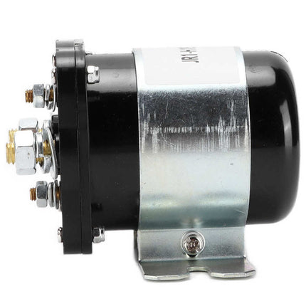 A black and silver cylindrical automotive or marine component with a metal mounting bracket and multiple bolt terminals on one end, shown against a plain white background.