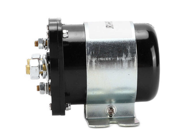 A black and silver cylindrical automotive or marine component with a metal mounting bracket and multiple bolt terminals on one end, shown against a plain white background.