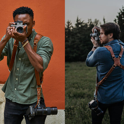 Two men taking photos with cameras, one against an orange wall and the other outdoors.