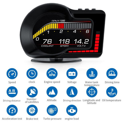 Car dashboard display with various metrics and icons on a white background