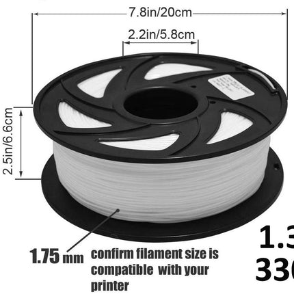 Spool of filament with dimensions and weight information on a white background