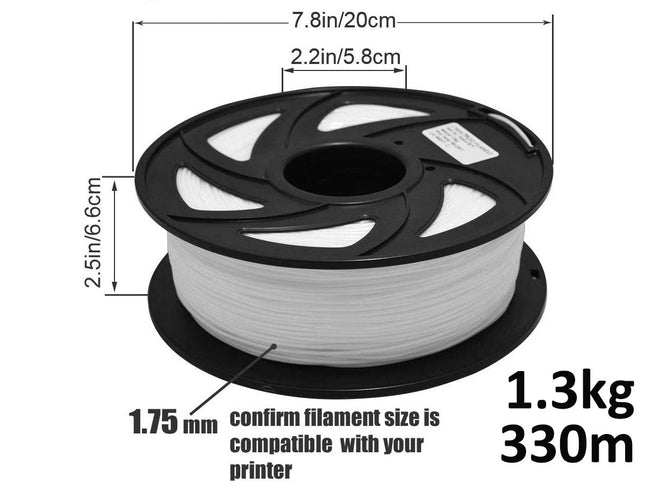 Spool of filament with dimensions and weight information on a white background