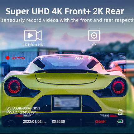 Car with camera recording interface displaying 'Super UHD 4K Front+ 2K Rear' feature.