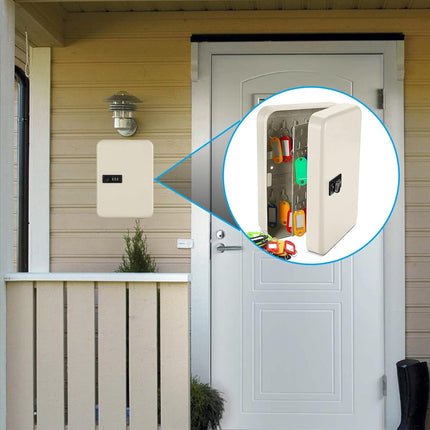 Security safe attached to a door with a small inset showing its contents.