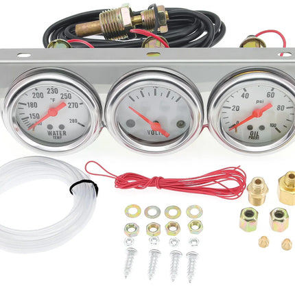 Three-gauge dashboard kit with wiring and accessories on a white background