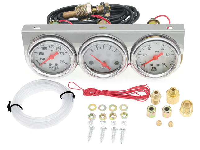 Three-gauge dashboard kit with wiring and accessories on a white background