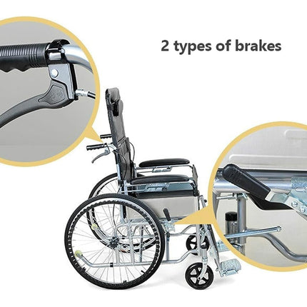 Wheelchair with two types of brakes highlighted on a white background
