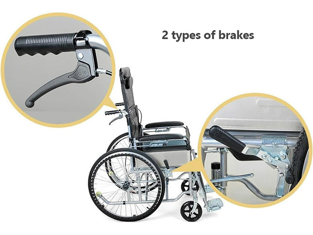 Wheelchair with two types of brakes highlighted on a white background