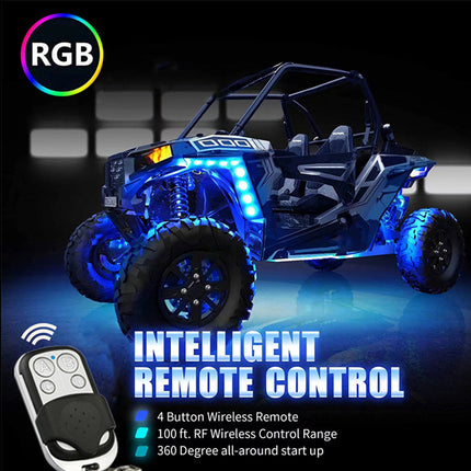 A blue and black off-road quad bike with glowing RGB LED underglow, shown with a remote control graphic and text reading 'INTELLIGENT REMOTE CONTROL' on a dark background.
