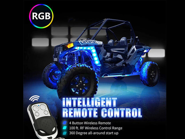 A blue and black off-road quad bike with glowing RGB LED underglow, shown with a remote control graphic and text reading 'INTELLIGENT REMOTE CONTROL' on a dark background.