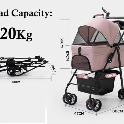 Pet stroller with dimensions and load capacity information on a white background