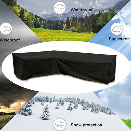 A black outdoor cover shown in the center of a composite marketing graphic with labeled feature panels: Waterproof, Windproof, Sunscreen, and Snow protection, over scenic backgrounds of mountains, grassy meadow, storm, and snowy forest.