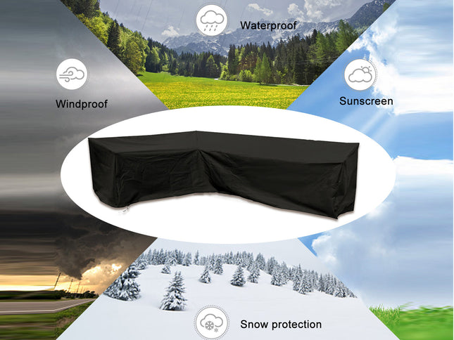 A black outdoor cover shown in the center of a composite marketing graphic with labeled feature panels: Waterproof, Windproof, Sunscreen, and Snow protection, over scenic backgrounds of mountains, grassy meadow, storm, and snowy forest.