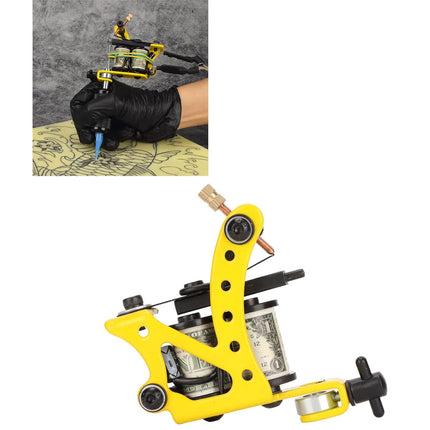A yellow and black tattoo machine shown on a white background, with a small inset photo at the top left showing a gloved hand holding the tattoo machine and applying ink.