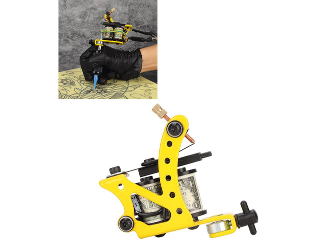 A yellow and black tattoo machine shown on a white background, with a small inset photo at the top left showing a gloved hand holding the tattoo machine and applying ink.