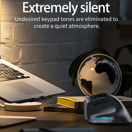 Laptop on a desk with a mouse and globe, emphasizing 'Extremely silent' feature.