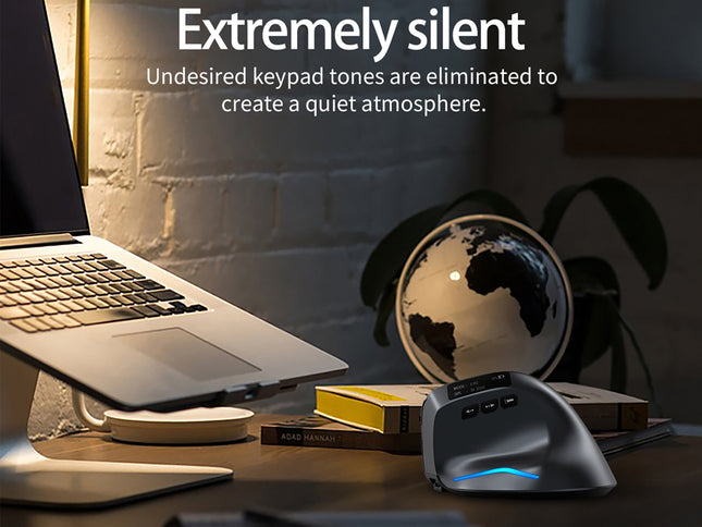 Laptop on a desk with a mouse and globe, emphasizing 'Extremely silent' feature.