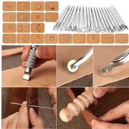 A collage showing a leatherworking tool set: multiple silver punch and stamp tools at the top, close-up views of hands using the tools on tan leather, and a wooden stand at the bottom. The image includes engraved sample squares above the tools.