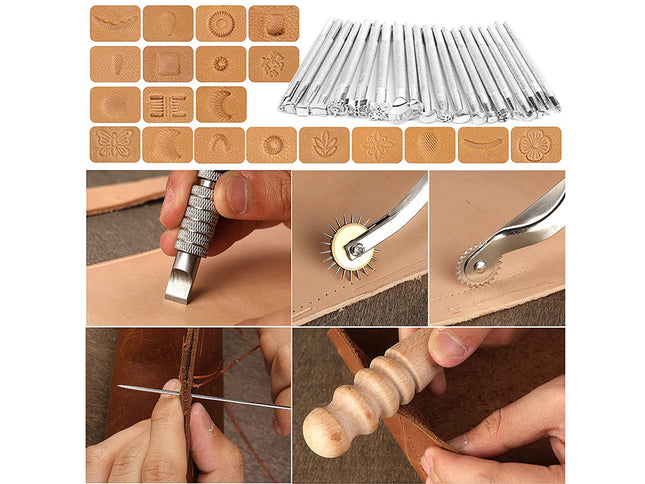 A collage showing a leatherworking tool set: multiple silver punch and stamp tools at the top, close-up views of hands using the tools on tan leather, and a wooden stand at the bottom. The image includes engraved sample squares above the tools.
