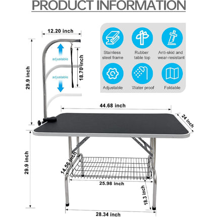 Product information chart for a adjustable table with dimensions and features listed.