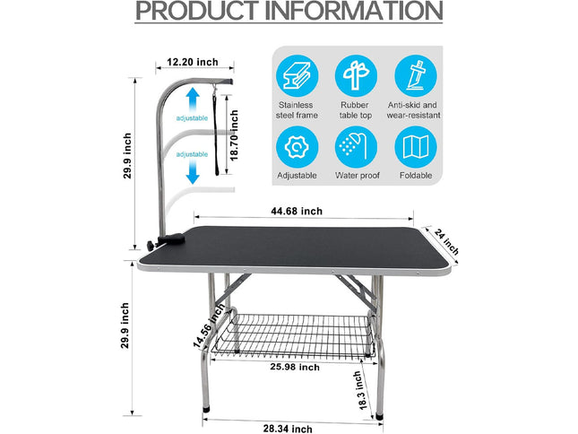 Product information chart for a adjustable table with dimensions and features listed.