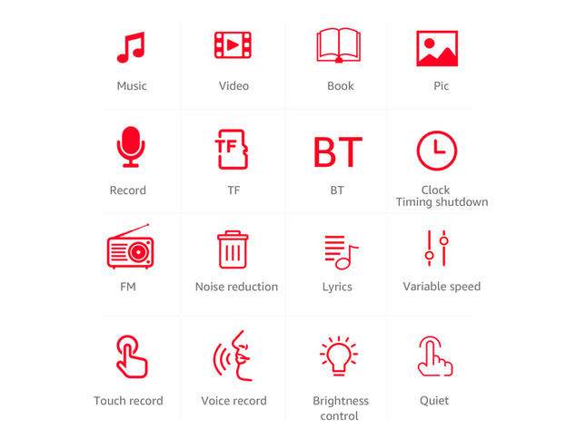 A grid of red feature icons on a white background, including Music, Video, Book, Pic, Record, TF, BT, Clock, Timing shutdown, FM, Noise reduction, Lyrics, Variable speed, Touch record, Voice record, Brightness control, and Quiet.