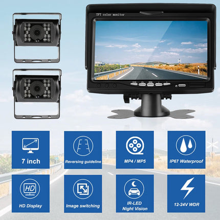 7-inch monitor with two cameras on a road background, featuring various icons and text.