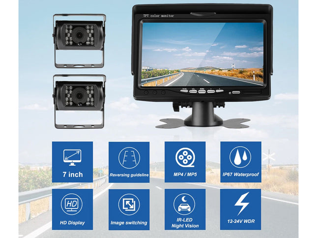 7-inch monitor with two cameras on a road background, featuring various icons and text.