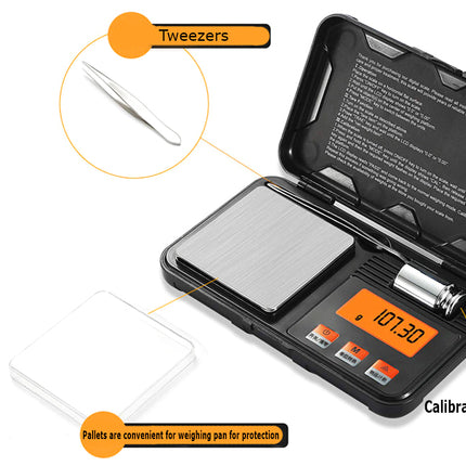 Digital pocket scale with tweezers, calibration weight, and pallets on a white background