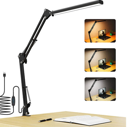 Black adjustable desk lamp on a white background with inset images showing its use.