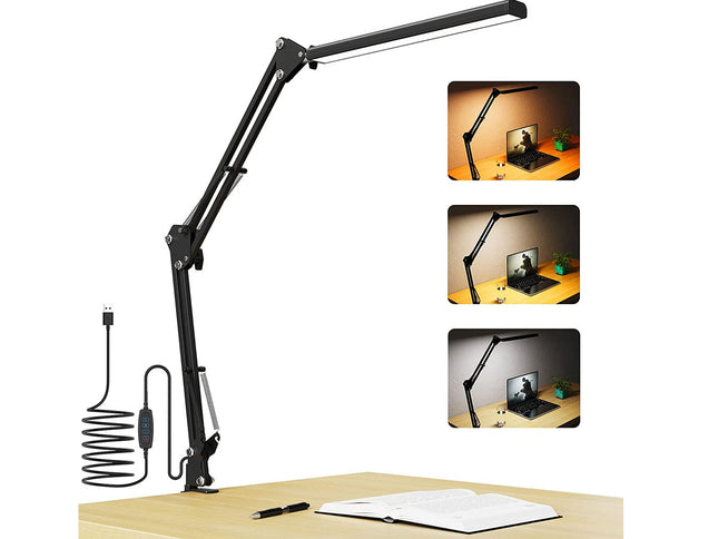 Black adjustable desk lamp on a white background with inset images showing its use.
