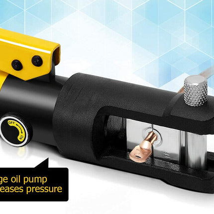 A close-up of a black and yellow hydraulic tool with a silver metal plunger and a copper-colored fitting inside a cutaway section. A text callout reads 'Large oil pump increases pressure' against a light blue geometric background.