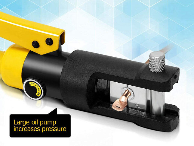 A close-up of a black and yellow hydraulic tool with a silver metal plunger and a copper-colored fitting inside a cutaway section. A text callout reads 'Large oil pump increases pressure' against a light blue geometric background.