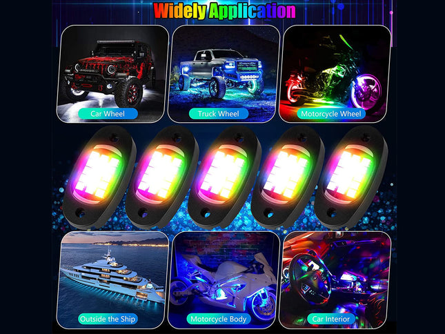LED lights with application examples on a dark background