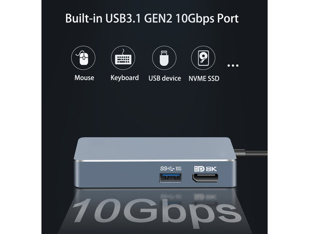 USB hub with multiple ports and '10Gbps' label on a dark background