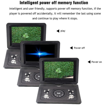 Portable DVD player with screen displaying grass, surrounded by text about power-off memory function.