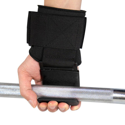 Hand holding a barbell with a black wrist support on a white background