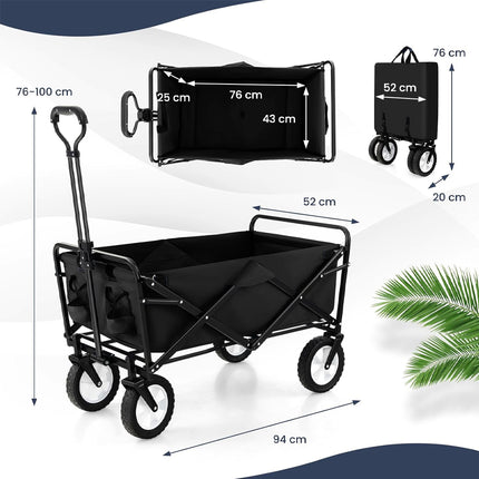 Black folding wagon with measurements on a white background