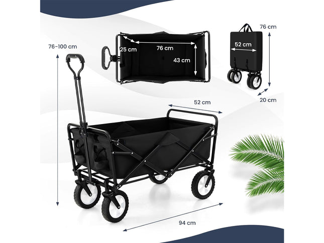 Black folding wagon with measurements on a white background