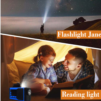 A collage showing a portable flashlight and reading light in use: one panel shows a person holding a bright flashlight at night near a hillside, and the other shows a man and child using a blue-and-black reading light inside a tent. Orange text labels read 'Flashlight Jane' and 'Reading light.