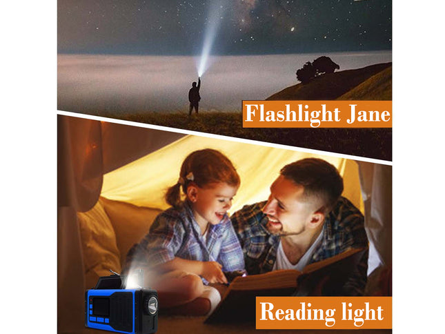 A collage showing a portable flashlight and reading light in use: one panel shows a person holding a bright flashlight at night near a hillside, and the other shows a man and child using a blue-and-black reading light inside a tent. Orange text labels read 'Flashlight Jane' and 'Reading light.