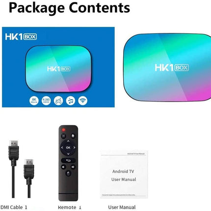 HK1 Box packaging with remote, cable, and user manual on a white background