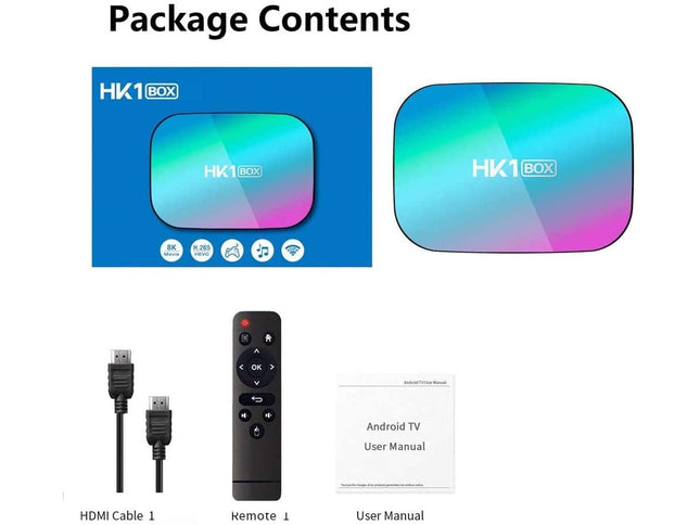 HK1 Box packaging with remote, cable, and user manual on a white background
