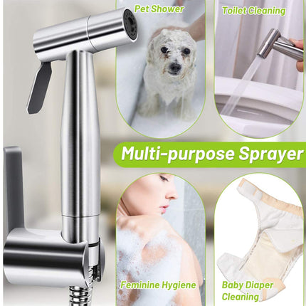 Multi-purpose sprayer with uses for pet shower, toilet cleaning, feminine hygiene, and baby diaper cleaning.