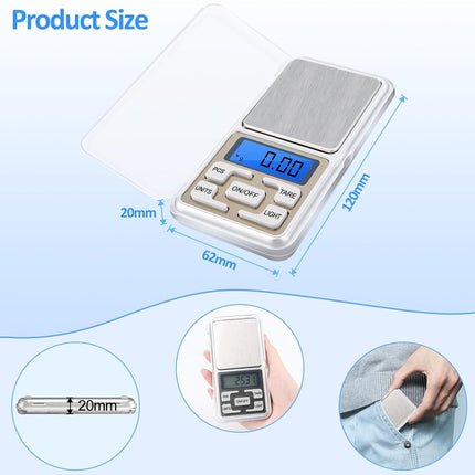 Digital pocket scale with dimensions and usage examples on a blue background
