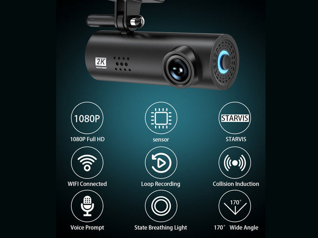 Black 2K dash cam with a blue LED ring light, shown with feature icons for 1080p, sensor, STARVIS, WiFi, loop recording, collision induction, voice prompt, state breathing light, and 170-degree wide angle.
