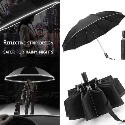 Black umbrella with reflective strip design shown in various settings